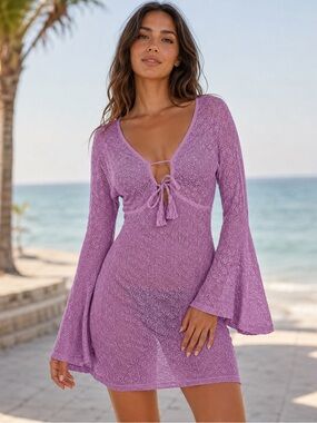 HOUSE OF HSRLOW Crochet Tie-Front Swim Cover-Up Dress in Lavender